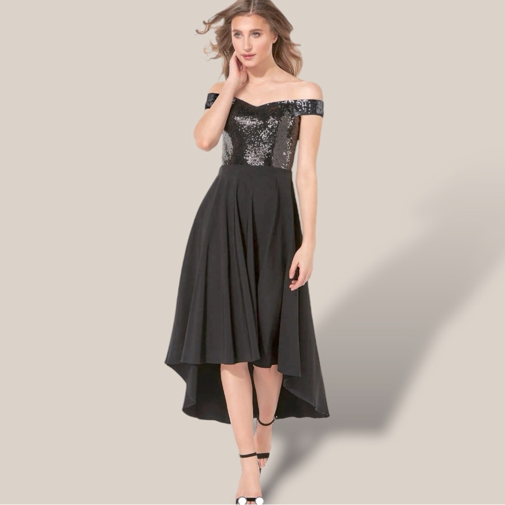 Roman Originals Black Sequin Bardot Gown Dress